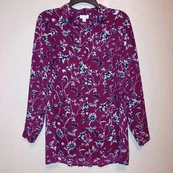 J. Jill Tunic Top Womens XS Burgundy Black Gray Floral Button Up Pleated Back - Picture 1 of 7